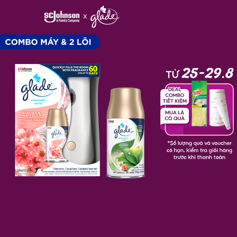 Combo glade bộ máy và lõi xịt tự động anh đào lily 175g & lõi xịt tự động sớm mai 175g