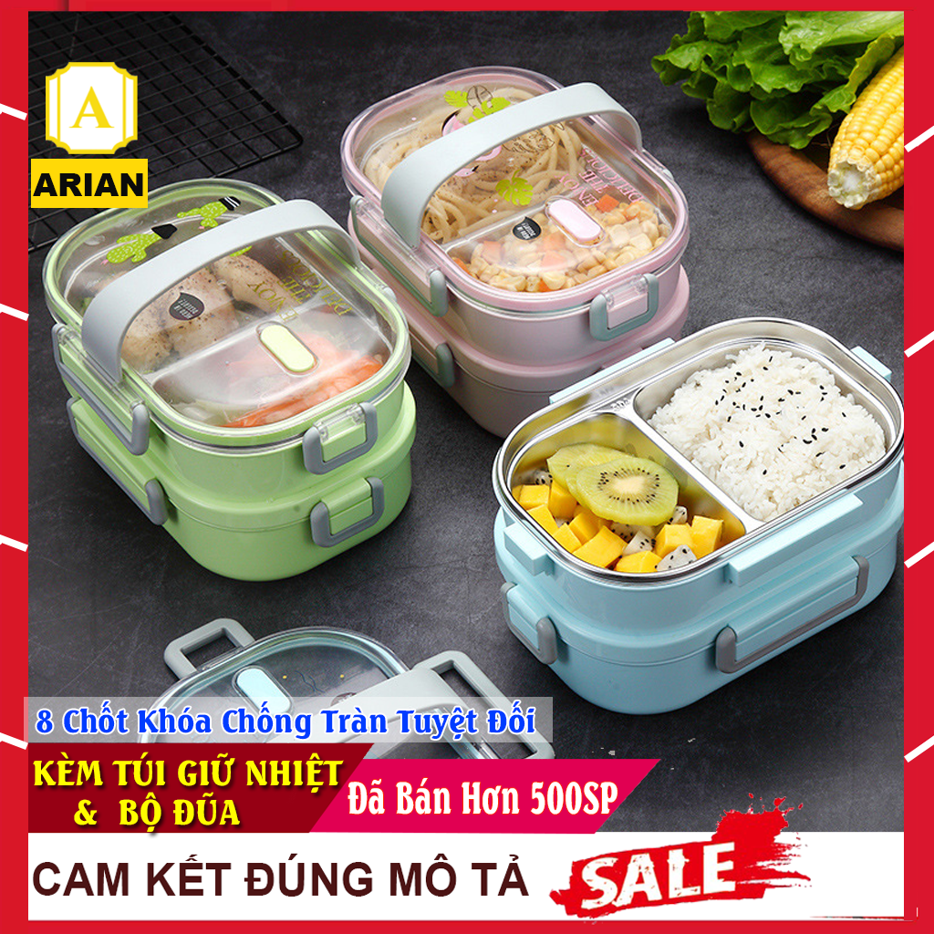 Hộp Cơm Giữ Nhiệt 2 Tầng LUNCH BOX Lõi Inox Cao Cấp 304 - Hộp Đựng Cơm Thiết Kế Chống Tràn Canh, Hộp Cơm 2 Tầng Đựng Cơm Văn Phòng Tiện Lợi Hộp Cơm Kèm Túi Và Đũa Có Giấy Kiểm Định Chất Lượng An Toàn