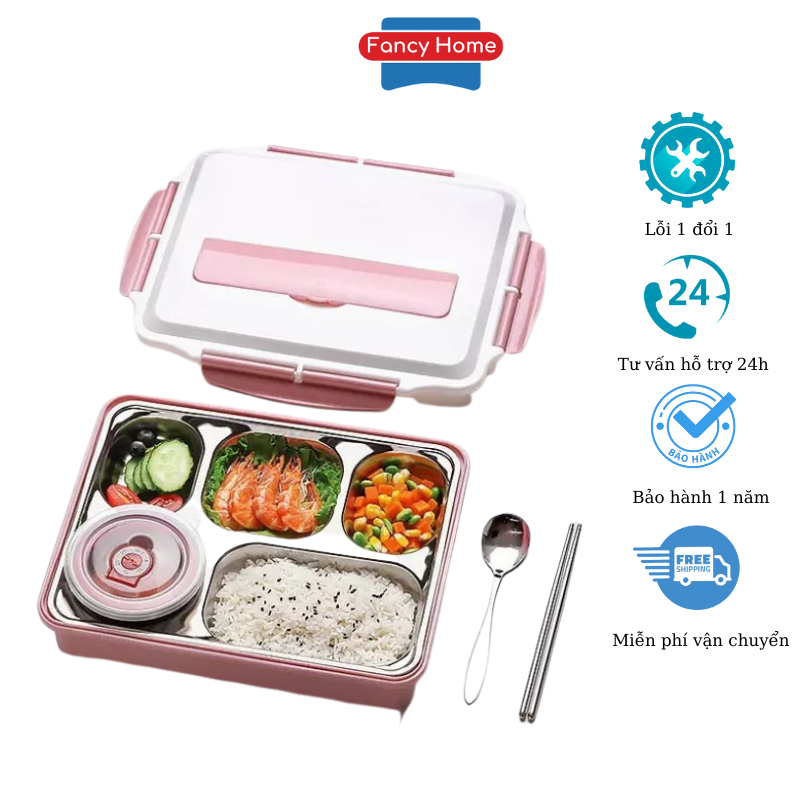Hộp Cơm Văn Phòng Khay Inox 5 Ngăn Có Bát Để Canh Bọc Nhựa Bên Ngoài - Có Giá Điện Thoại Tặng Thìa Đũa Inox Cao Cấp