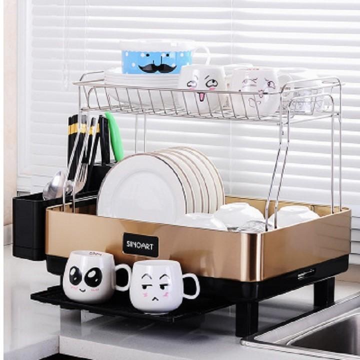 Giá kệ để úp chén bát đĩa 2 tầng inox có khay hứng nước, giá úp bát 2 tầng inox cao cấp