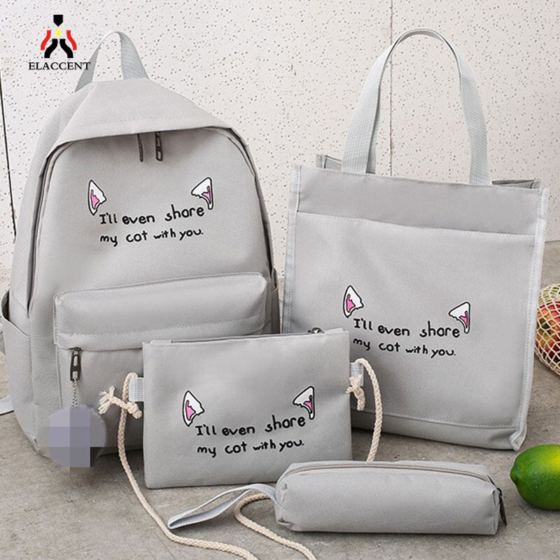 Elaccent⚡ ba lô nữ in họa tiết bốn bộ ba lô học sinh ba lô du lịch giải trí