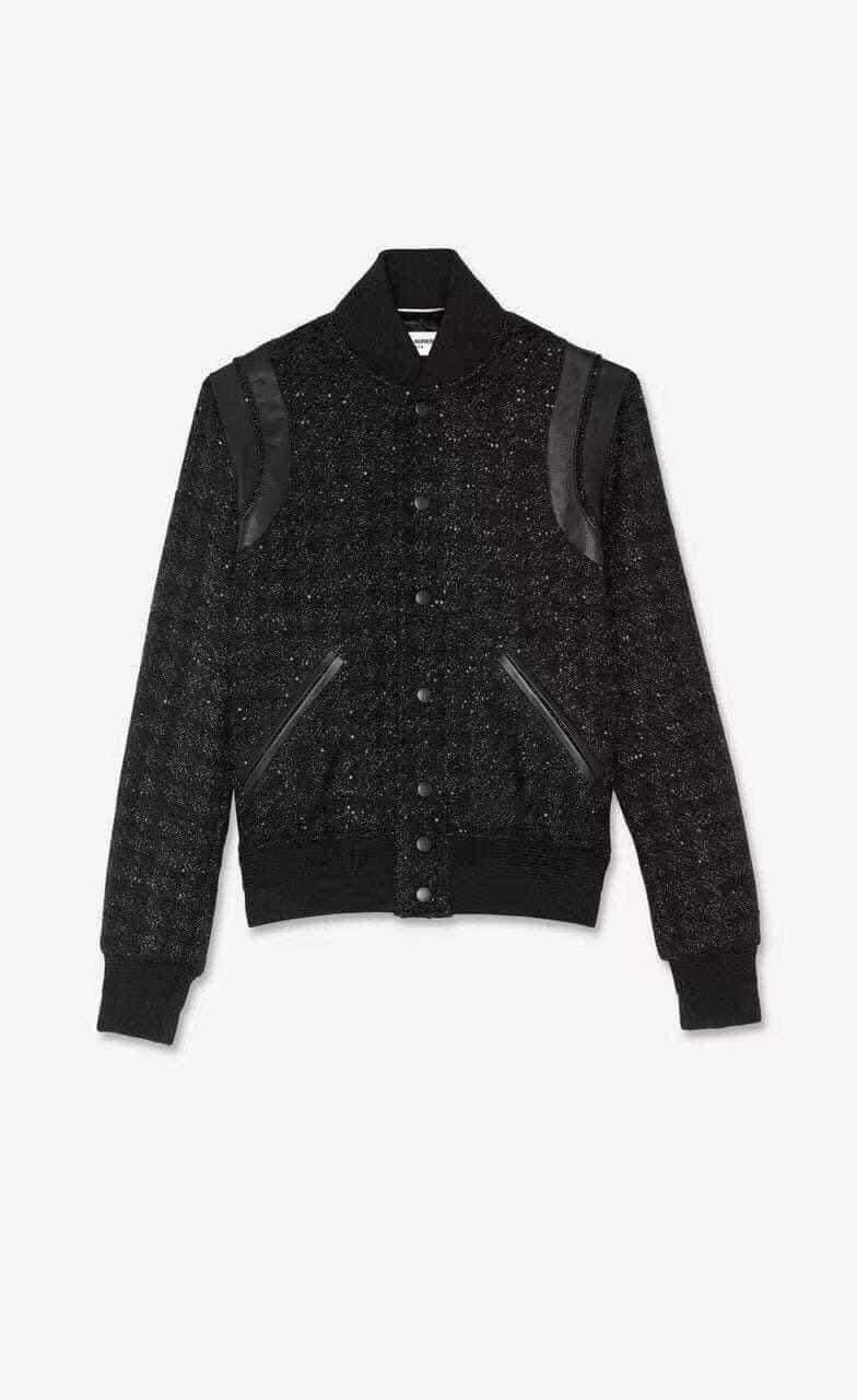 Áo bomber kim tuyến đen viền da cao cấp