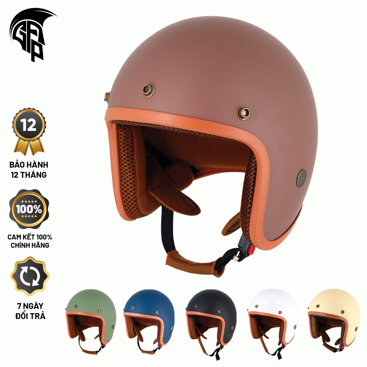 Mũ Bảo Hiểm 3/4 VARO Classic Lót Nâu Cao Cấp - Bảo Hành Chính Hãng 12 Tháng