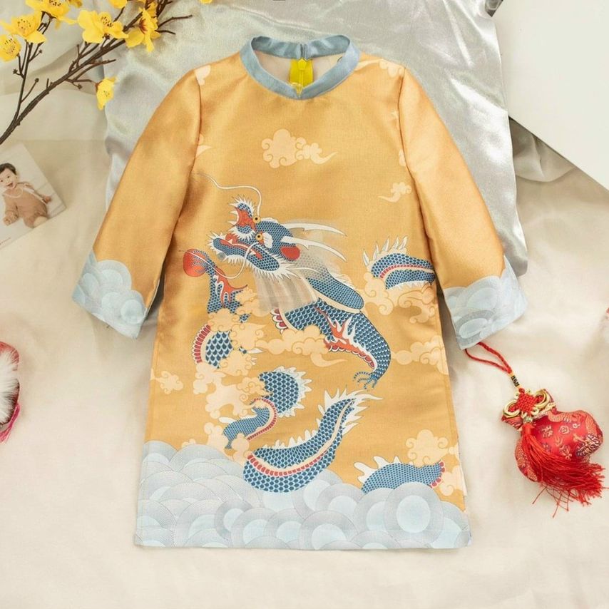 Áo Dài Tết Bé Trai Ivy Set Áo Dài Cách Tân May Sẵn Chất Liệu Lụa 1`Họa Tiết Sinh Động Đáng Yêu BT01
