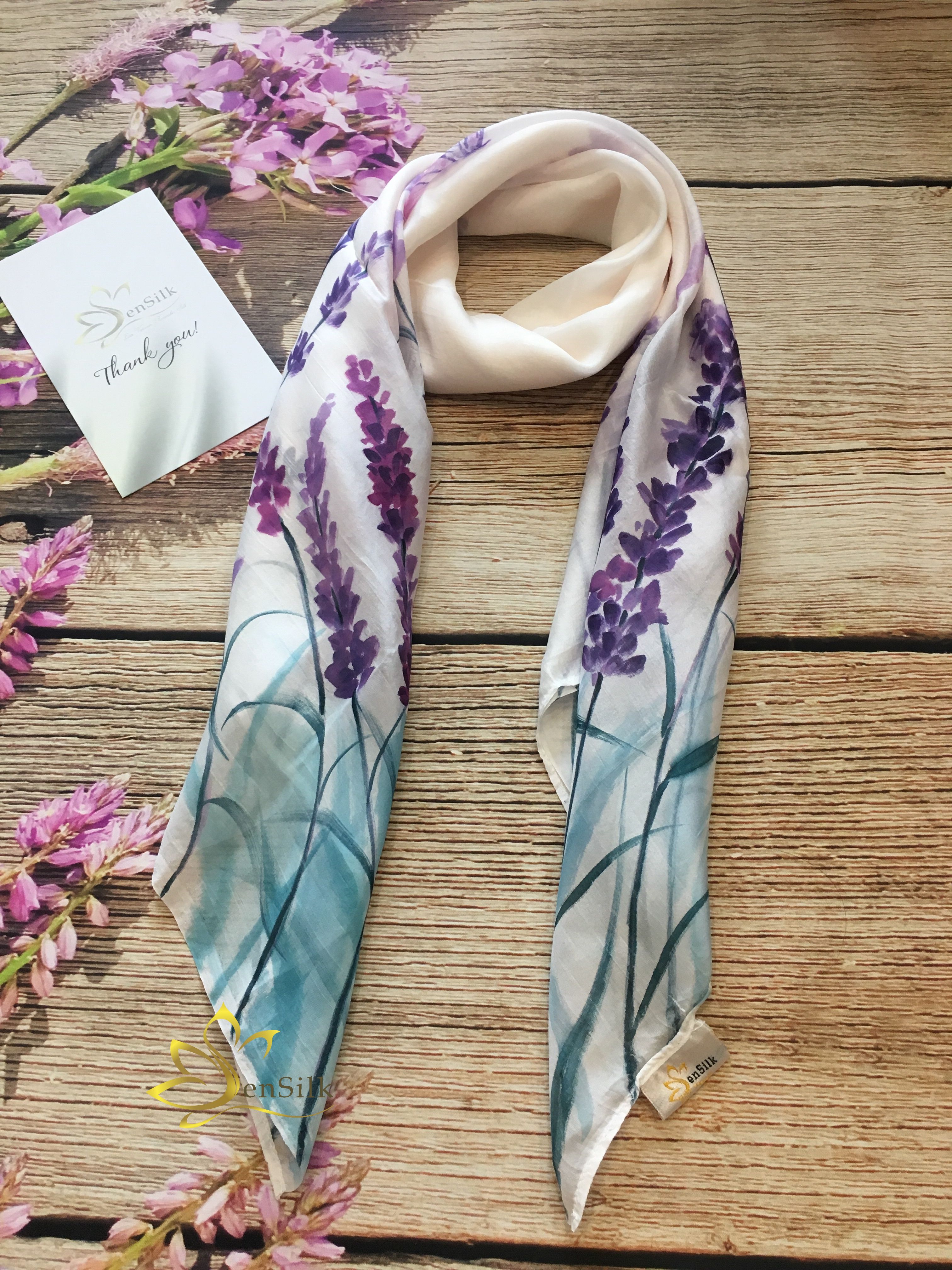 Khăn lụa vuông vẽ tay lavender sensilk 75x75cm, lụa tơ tằm thuần việt
