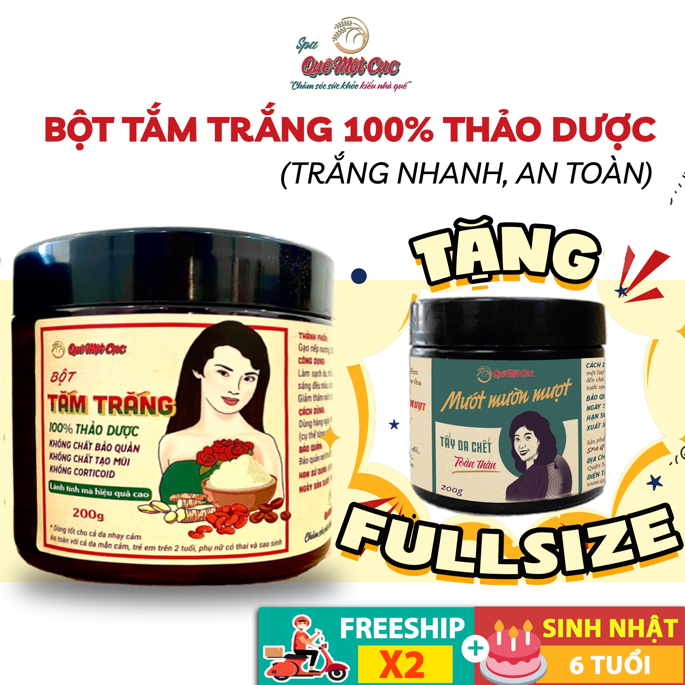 Bột tắm trắng da 100% thảo dược, bột tẩy tế bào chết, tẩy da chết toàn thân - Spa Quê Một Cục 200g - handmade