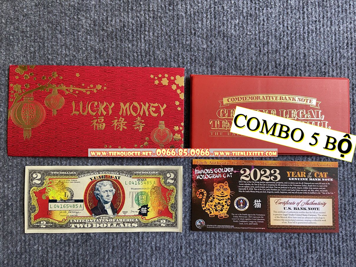 Lot 5 tờ Tiền lì xì tết Tờ 2 Usd Mạ Vàng Hình Con mèo 2023 Mỹ, 2 USD Hình Con mèo