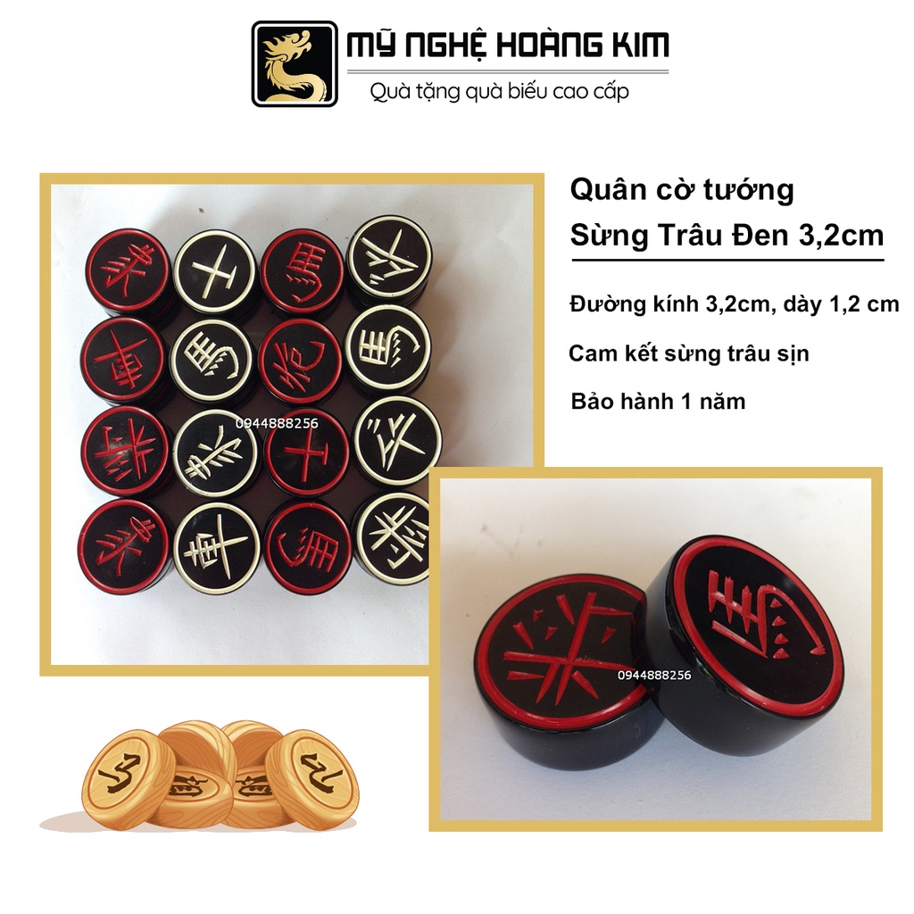 [FREESHIP] Quân Cờ Tướng Sừng Trâu Đen Tự Nhiên 3,2cm HK01 Làm Bằng Ngọn Sừng Đặc, Quân Cờ Tiện Tròn, Chữ Được Đục Chìm Tay Tinh Sảo Sắc Nét - Mỹ Nghệ Hoàng Kim