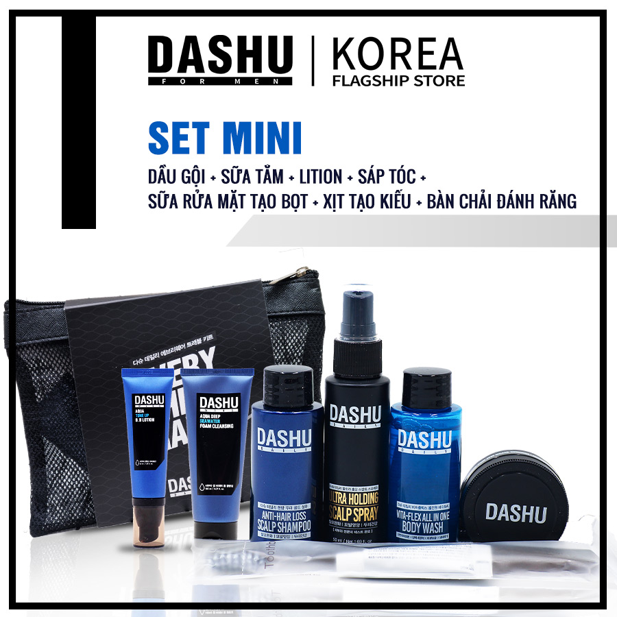 Sét mini Dashu Daily Let's Korea all in one(Dầu gội, sữa tắm, Lotion, sữa rửa mặt tạo bọt, sáp tóc, xịt tạo kiểu Scalp, bàn chải đánh răng), set đồ nam chuyên dụng cho đi du lịch, đi biển, phượt, dã ngoại, chơi thể thao, đi làm công sở …