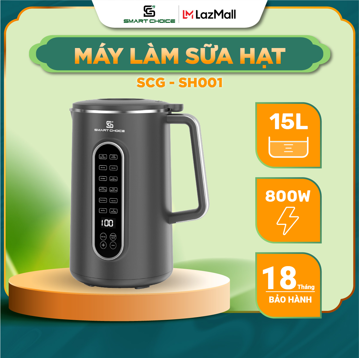 Máy làm sữa hạt smartchoice scg-sh001 công suất 800w - dung tích 1,5l - 12 chức năng xay nấu