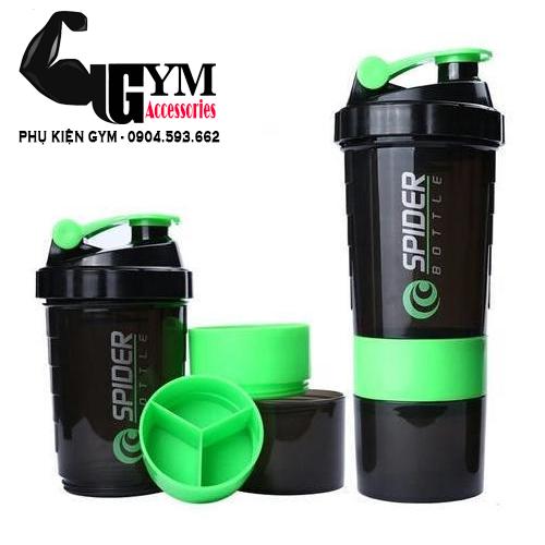 Bình lắc 3 ngăn bình nước thể thao Spider Bottle - màu Xanh Lá