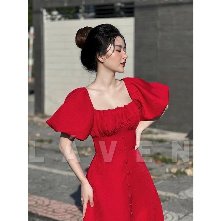 Váy đầm nữ dáng xòe tay phồng phối hàng nút sẻ tà