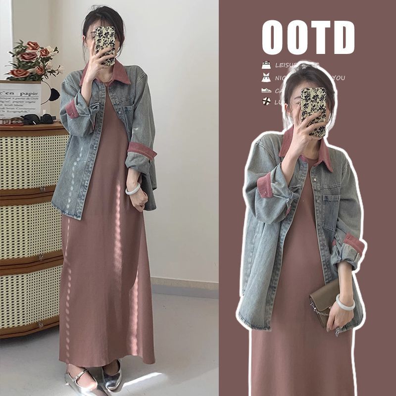 Hình Ảnh Đã Được Xử Lý   Áo Khoác Denim Mẫu Mới Mùa Thu + Áo Vest Dệt Kim Giản Dị Cho Bà Bầu