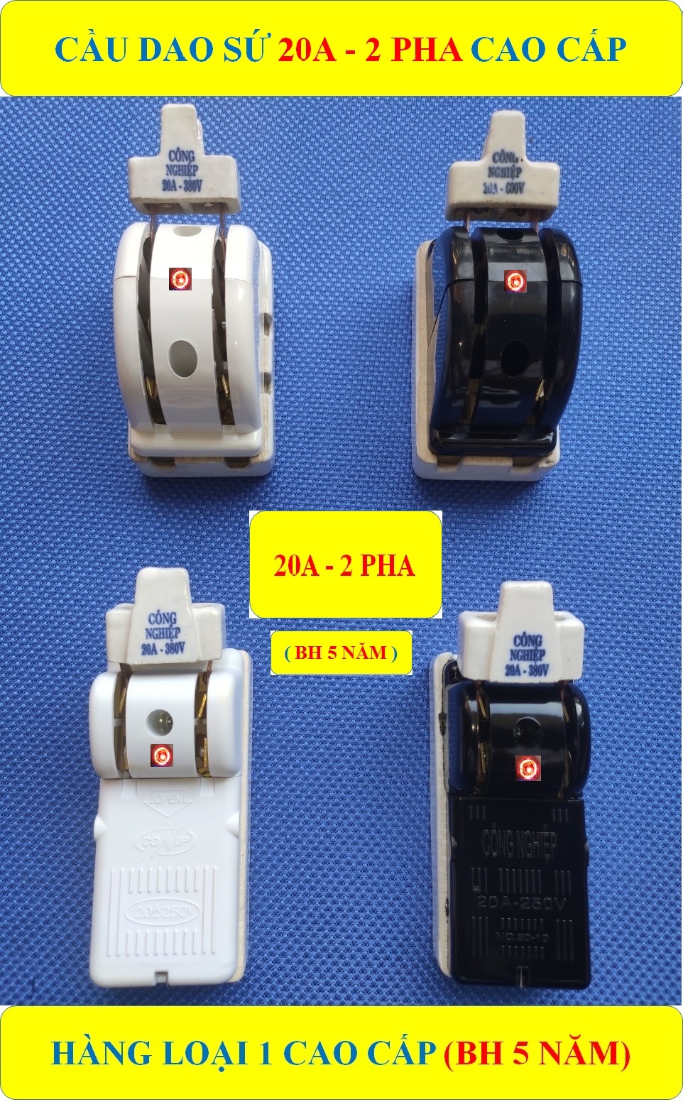 CẦU DAO SỨ 20A 2 PHA, ĐẢO 2 CHIỀU (BH 5 NĂM) VỎ ĐEN PHENOLIC CHỐNG CHÁY + Cực ĐỒNG TO đúc 100% HÀNG LOẠI 1 Cao Cấp (bộ 1 sản phẩm)