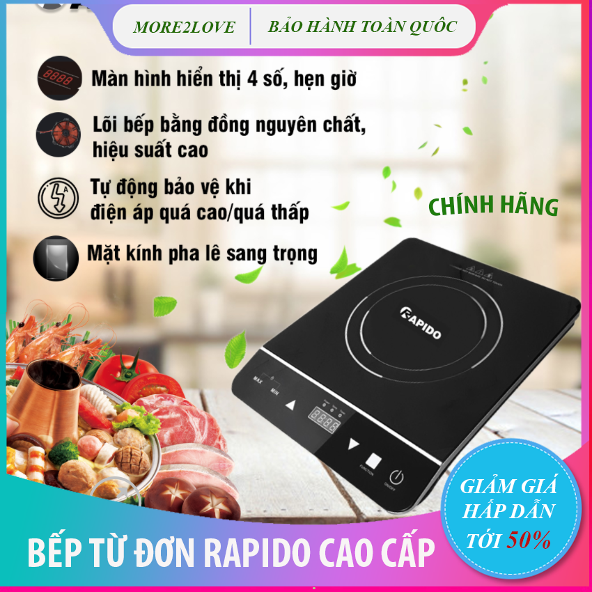 Bếp từ đơn Rapido RI2000ES, BẾP LẦU NƯỚNG CAO CẤP - Tự động tắt khi không có nồi hoặc nồi bị cháy Tự động bảo vệ khi điện áp quá cao/quá thấp Lõi bếp bằng đồng nguyên chất, HIỆU SUẤT CAO - BẢO HÀNH 12 THÁNG