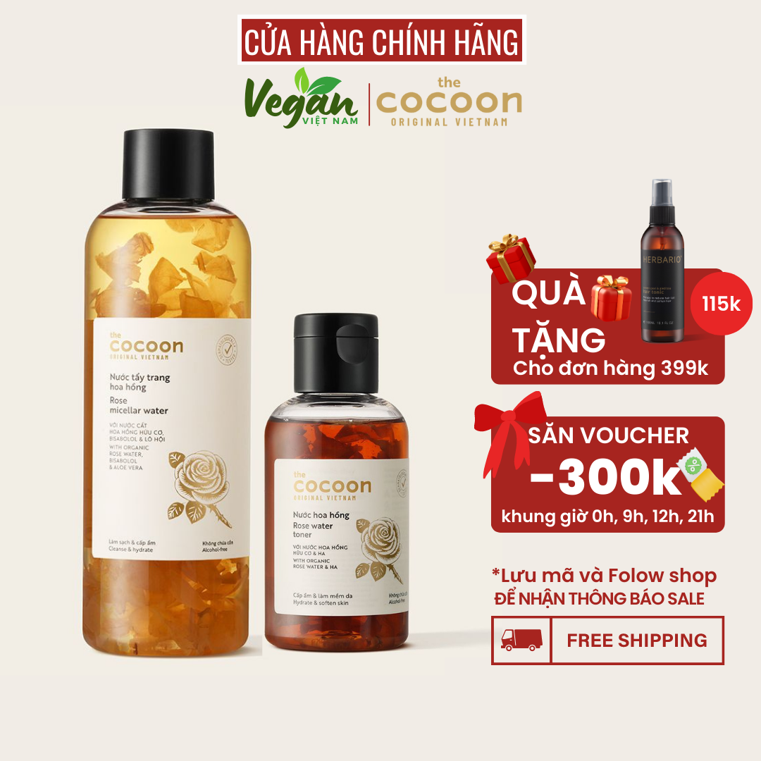 Nước tẩy trang hoa hồng cocoon 500ml + Nước hoa hồng cocoon 140ml làm sạch, cấp ẩm cho da - Vegan Việt Nam