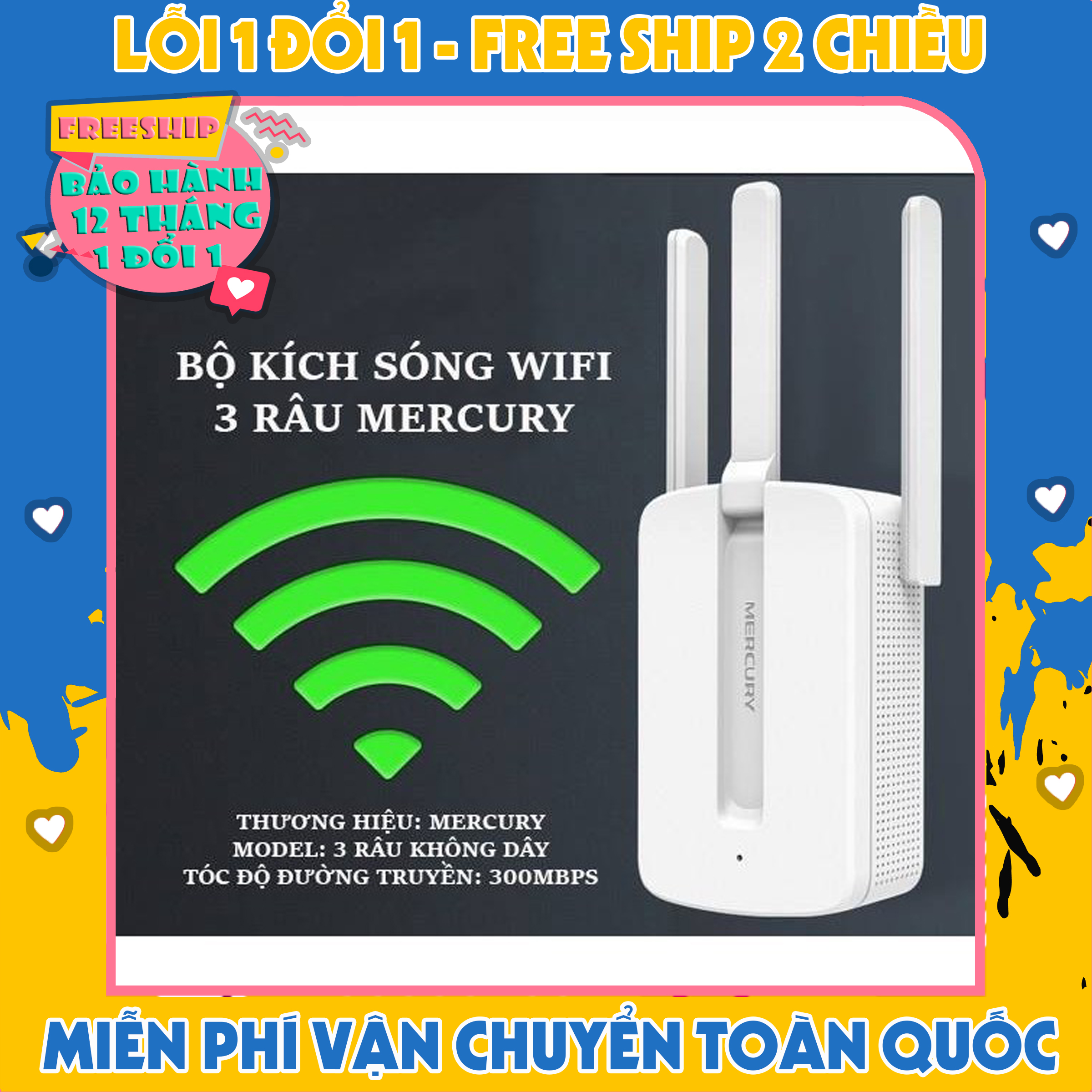 Bộ Kích Sóng Wifi Mecury 300m 3 râu cực mạnh - Bảo Hành 24 Tháng