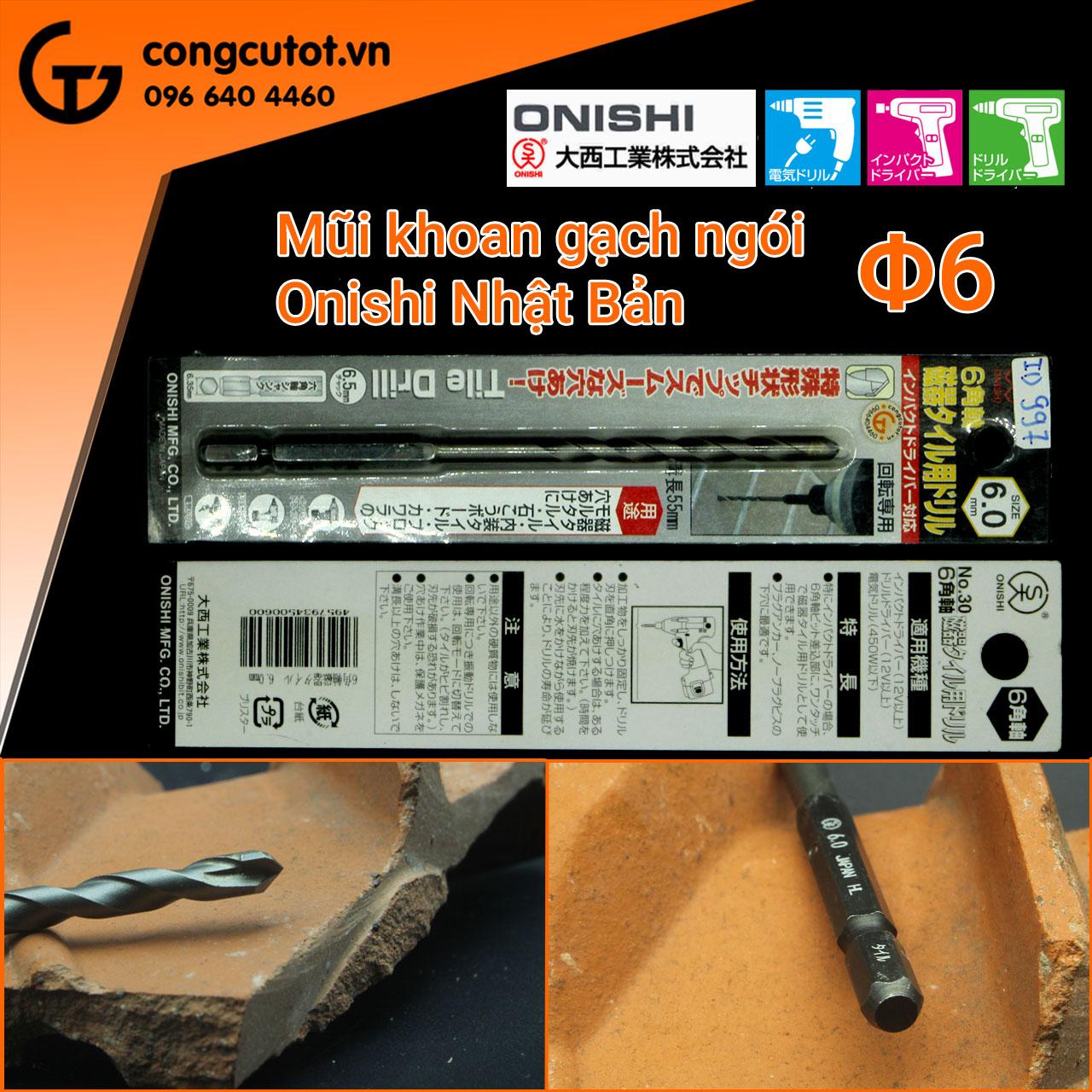 Mũi khoan gạch, ngói Onishi chuôi lục đường kính 6mm