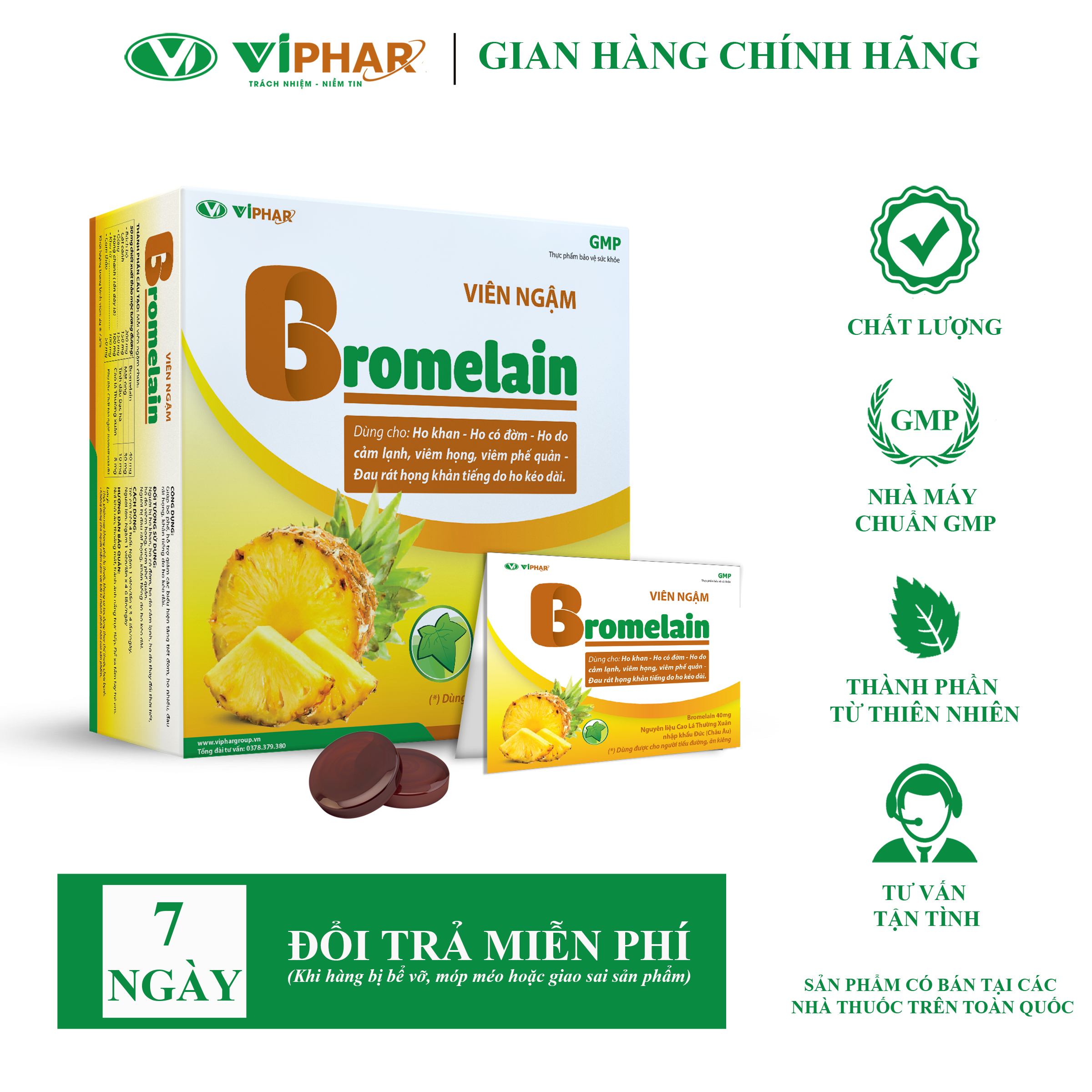Viên Ngậm Quả Dứa Giảm Ho, Đau Rát Họng, An Toàn Cho Người Tiểu Đường BROMELAIN VIPHAR Hộp 120 Viên