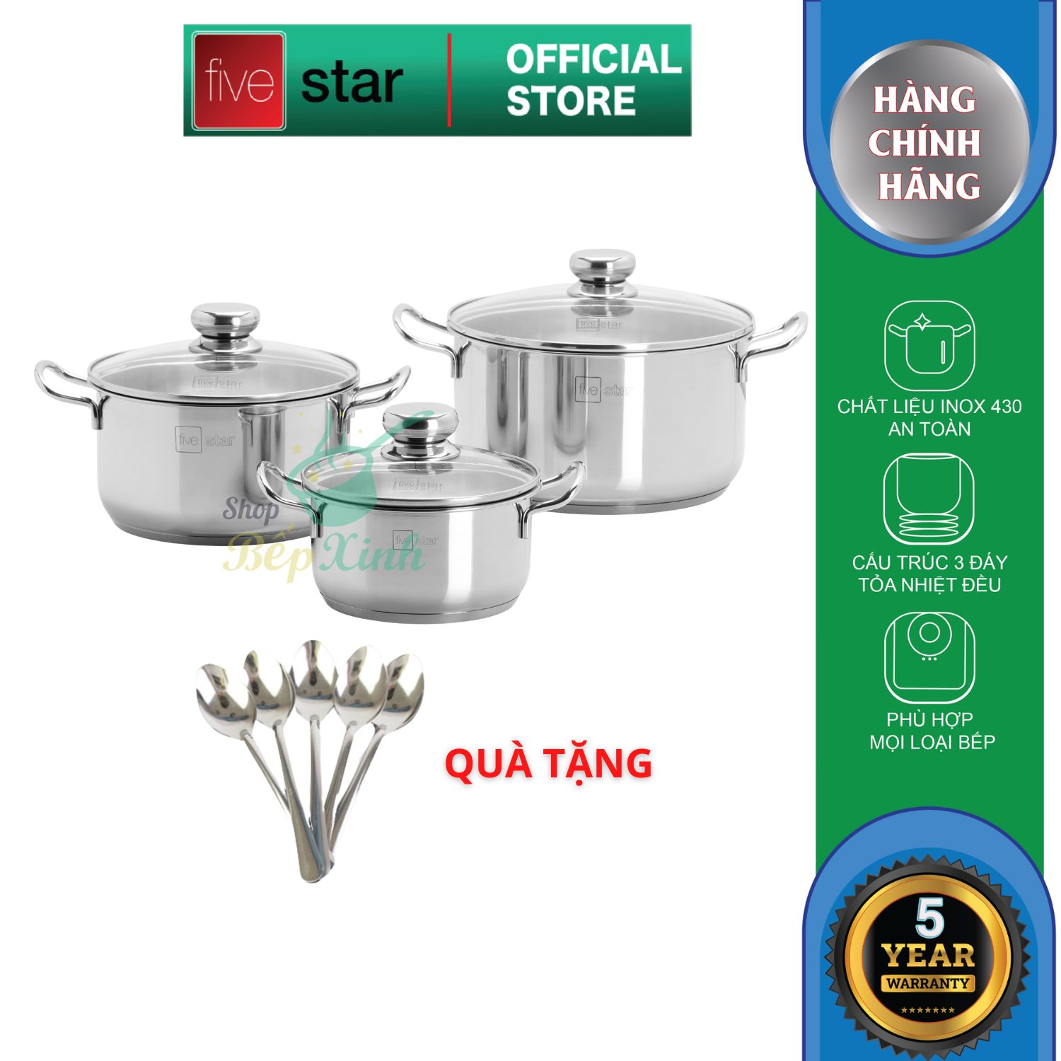 Bộ nồi inox 430 cao cấp FiveStar Standard nắp kính , 3 đáy dùng được mọi bếp , tặng 5 muỗng ăn