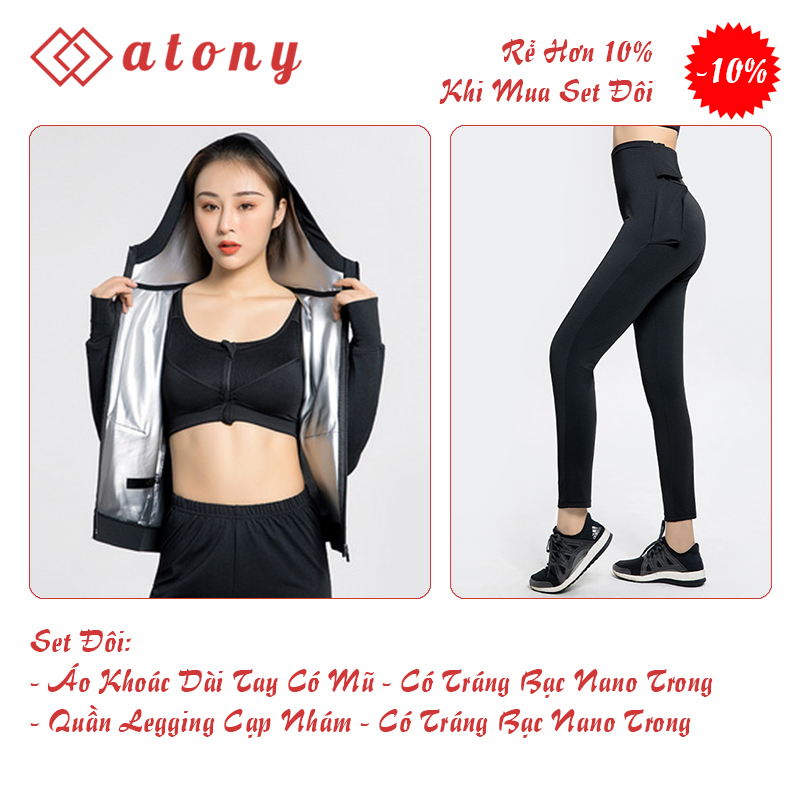 Bộ quần áo sinh nhiệt giảm mỡ bụng atony, bộ quần áo đổ mồ hôi giảm mỡ bụng - set 2 áo khoác có mũ + quần giảm mỡ