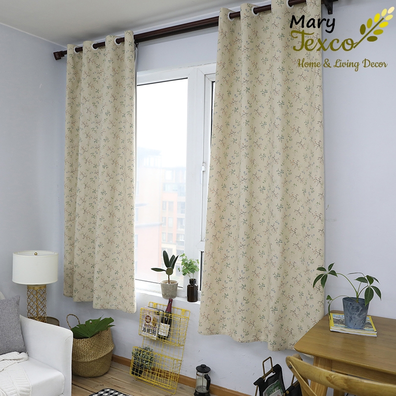 Rèm cửa sổ Mary Texco decor trang trí nhà cửa nhiều mẫu mã cực đẹp, hoàn thiện đục lỗ ô rê, ốp khoen nhựa trắng D45 mm - họa tiết Cành lá hoa nhí -R-G03
