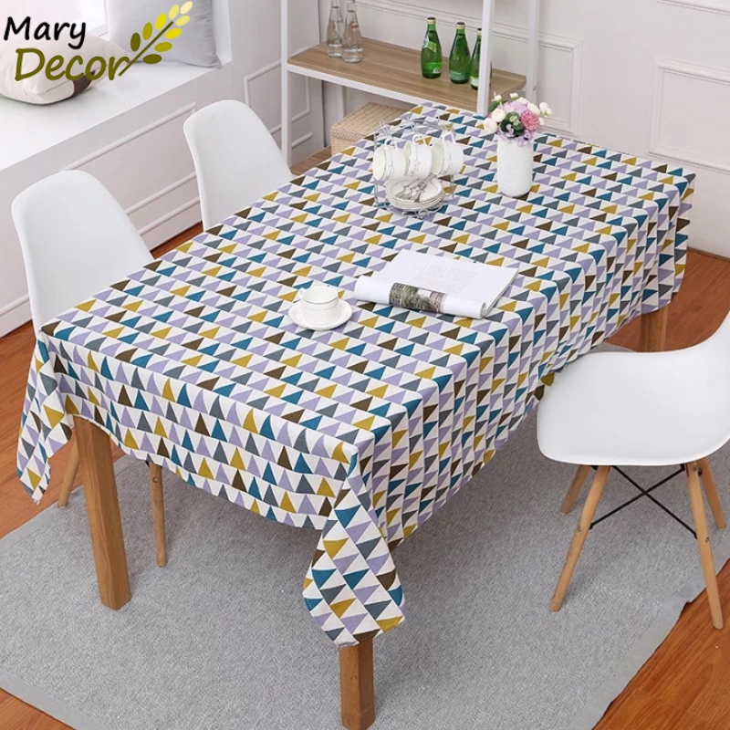 Khăn trải bàn lớp học đẹp nhiều họa tiết trang nhã phù hợp môi trường sư phạm  - họa tiết tam giác xanh vàng nâu - KB-B09