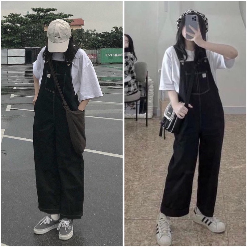 Quần yếm kaki chỉ nổi tag túi ống rộng, quần yếm nữ màu đen
