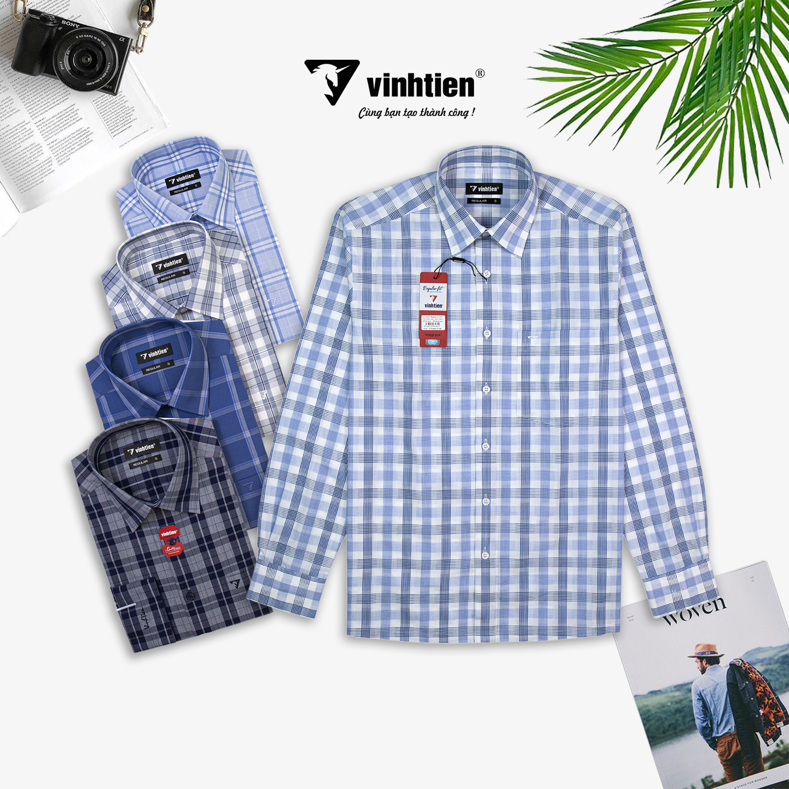 (Freeship) Áo Sơ Mi Vĩnh Tiến Dài Tay Sọc Caro Form Regular Vạt Ngang Cotton 375 - Mẫu 2