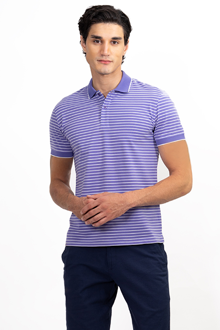 Áo polo nam Novelty dệt sọc màu tím sọc trắng NATMSNMCSR191048N