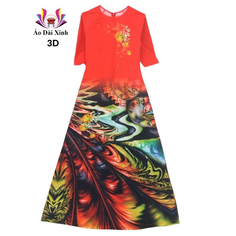 Áo dài truyền thống in 3D lụa Nhật cổ tròn tay lỡ màu đỏ cam hoa trước ngực.