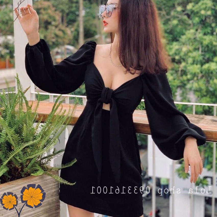 đầm nữ dự tiệc GIRLY BT30 dài tay thắt nơ ngực chất liệu kate như hình - đầm nữ đi chơi du lịch -Thời Trang Sài Gòn Gía Rẻ