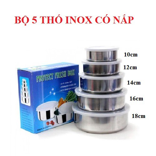 Bộ 5 thố inox đựng thực phẩm có kèm nắp đậy đa năng, hộp đựng thực phẩm cao cắp bằng inox có nắp