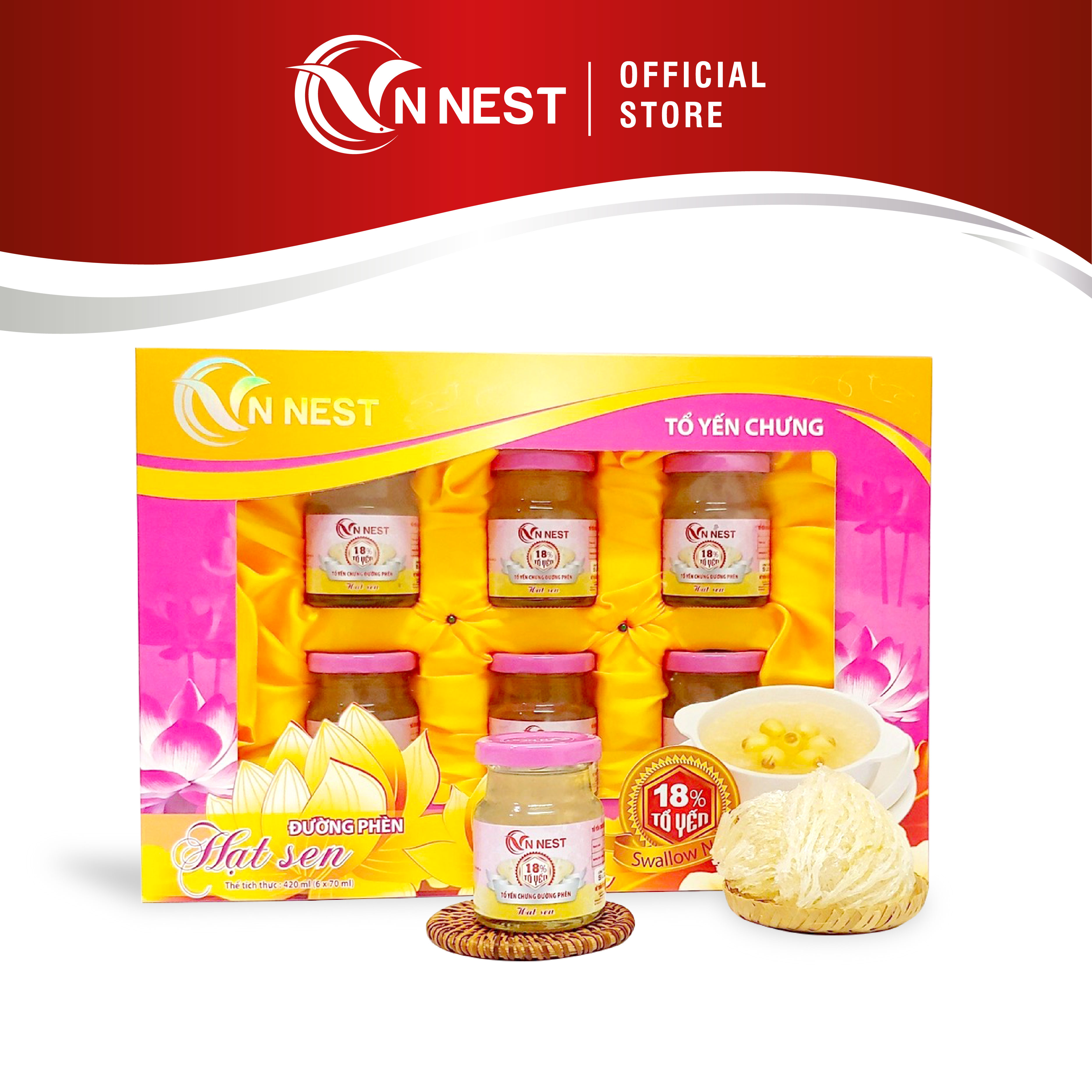 Hộp quà tặng cao cấp - 06 hũ yến chưng hạt sen vn nest - hộp 06 hũ yến x 70ml - tổ yến nguyên chất - thương hiệu yến sào vn nest