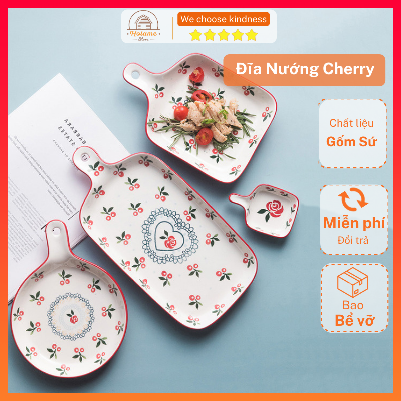 Thố sứ, khay nướng đồ ăn có tay cầm họa tiết cherry dùng cho bàn ăn