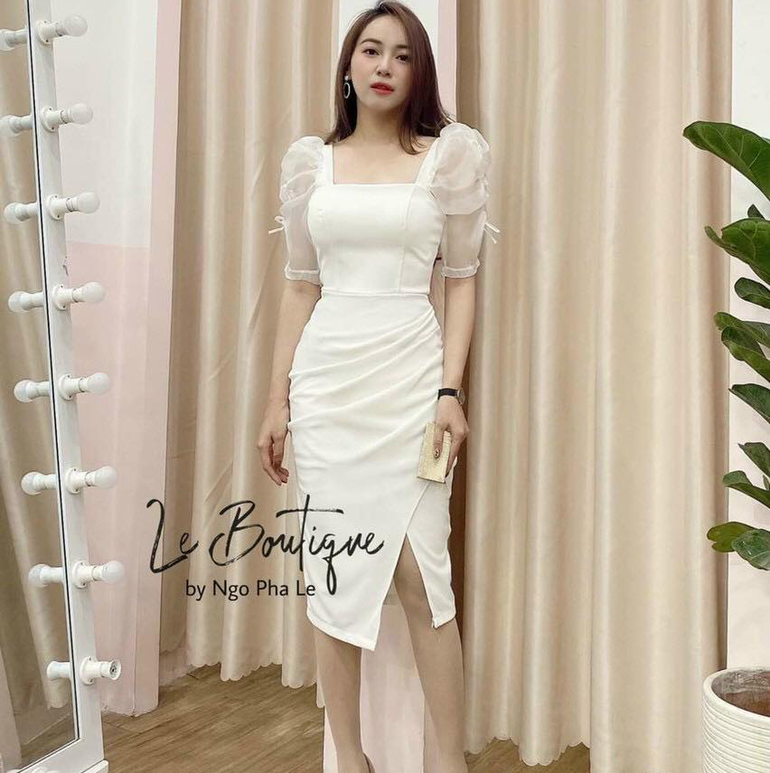 Đầm Váy Nữ Body Xếp Ly Xẻ Tà Vạt Chéo Cổ Vuông Hở Lưng Chất UMI Phối Tay Voan Kiếng Phồng ( Có Mút Ngực ) Thiết Kế Sang Chảnh Đi Làm Công Sở, Đi Chơi Du Lịch Cực Xinh Đẹp Beta Fashion, Free Size (40-55) Ký Mặc Vừa Nha