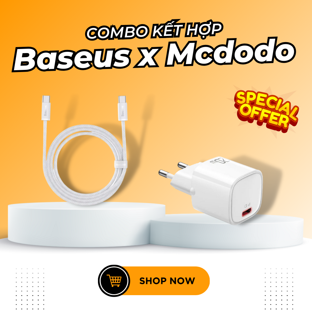 Combo Kết Hợp Cốc Sạc Nhanh Mcdodo Nano Series và Cáp sạc Type-C to Type-C Dynamic Series (Chân cắm tròn, 20W, Trắng)