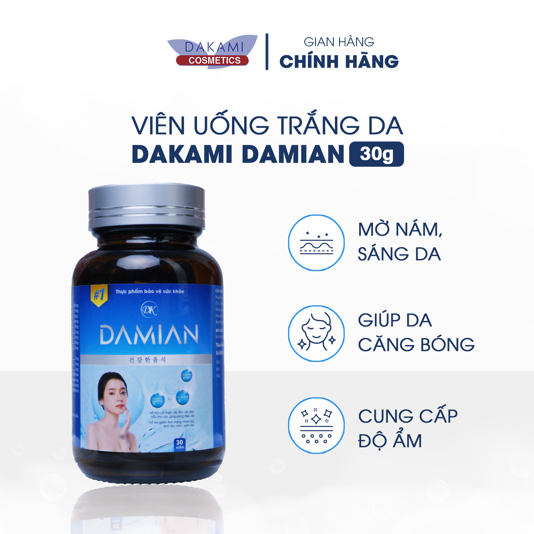 Viên uống trắng da Dakami Damian, sáng da, mờ thâm, giảm nám tàn nhang hộp 30g