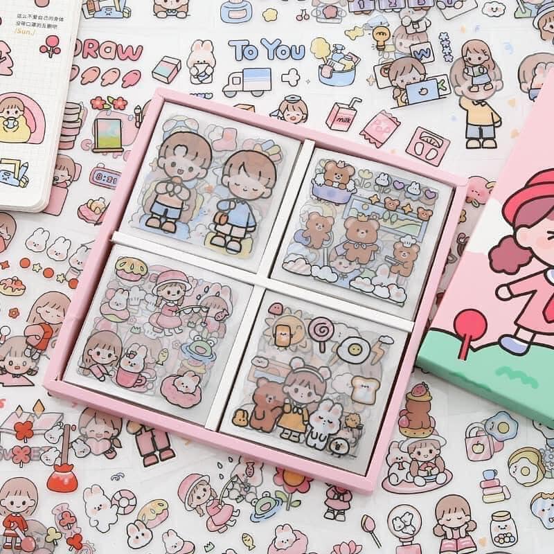 Hộp gồm 100 tấm sticker 1000 hình dán- quà tặng dán hoạt hình trang trí sổ