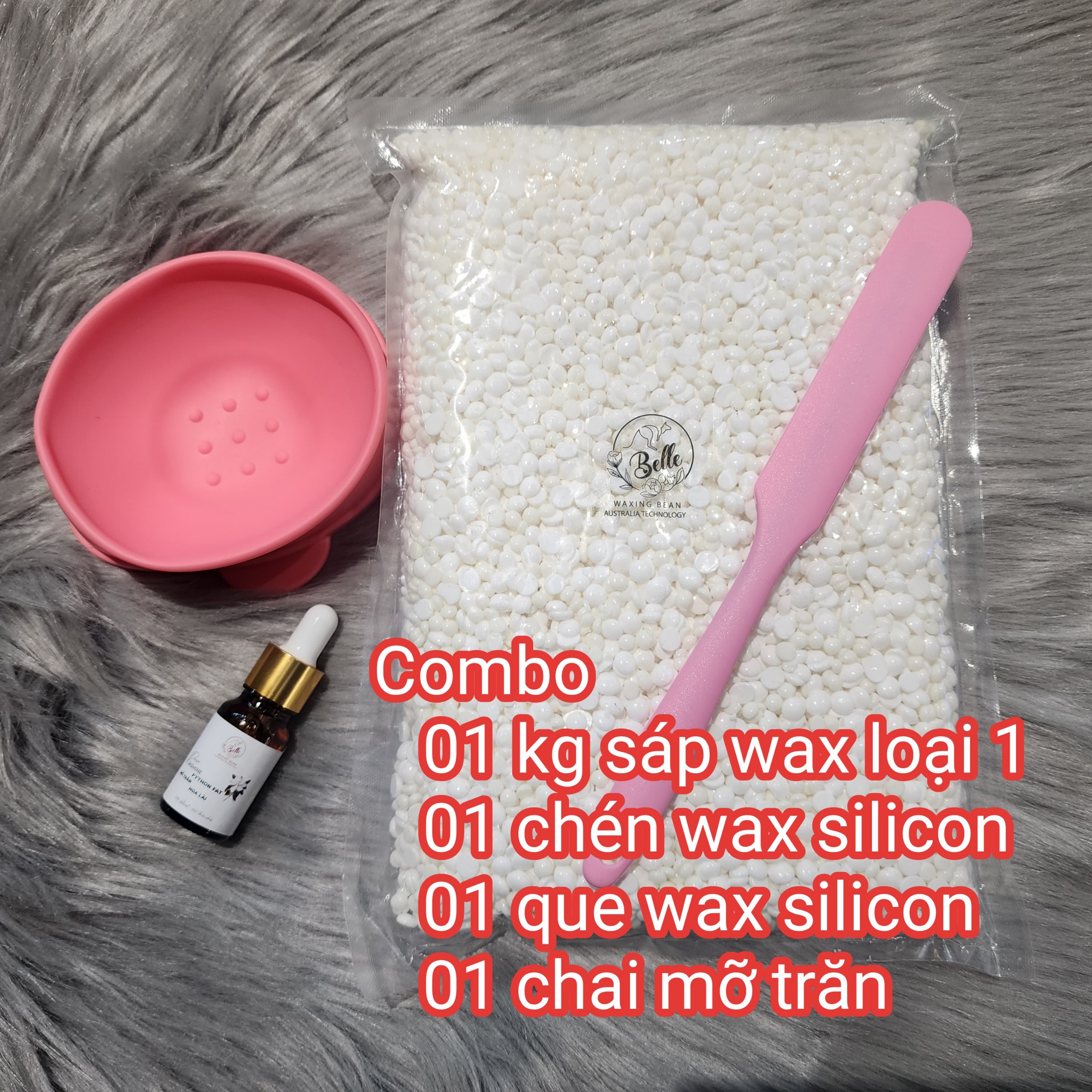 Combo 1kg sáp wax tặng 3 món bao gồm 1 chén waxing silicon 1 que wax silicon 1 chai serum mỡ trăn lài 10ml