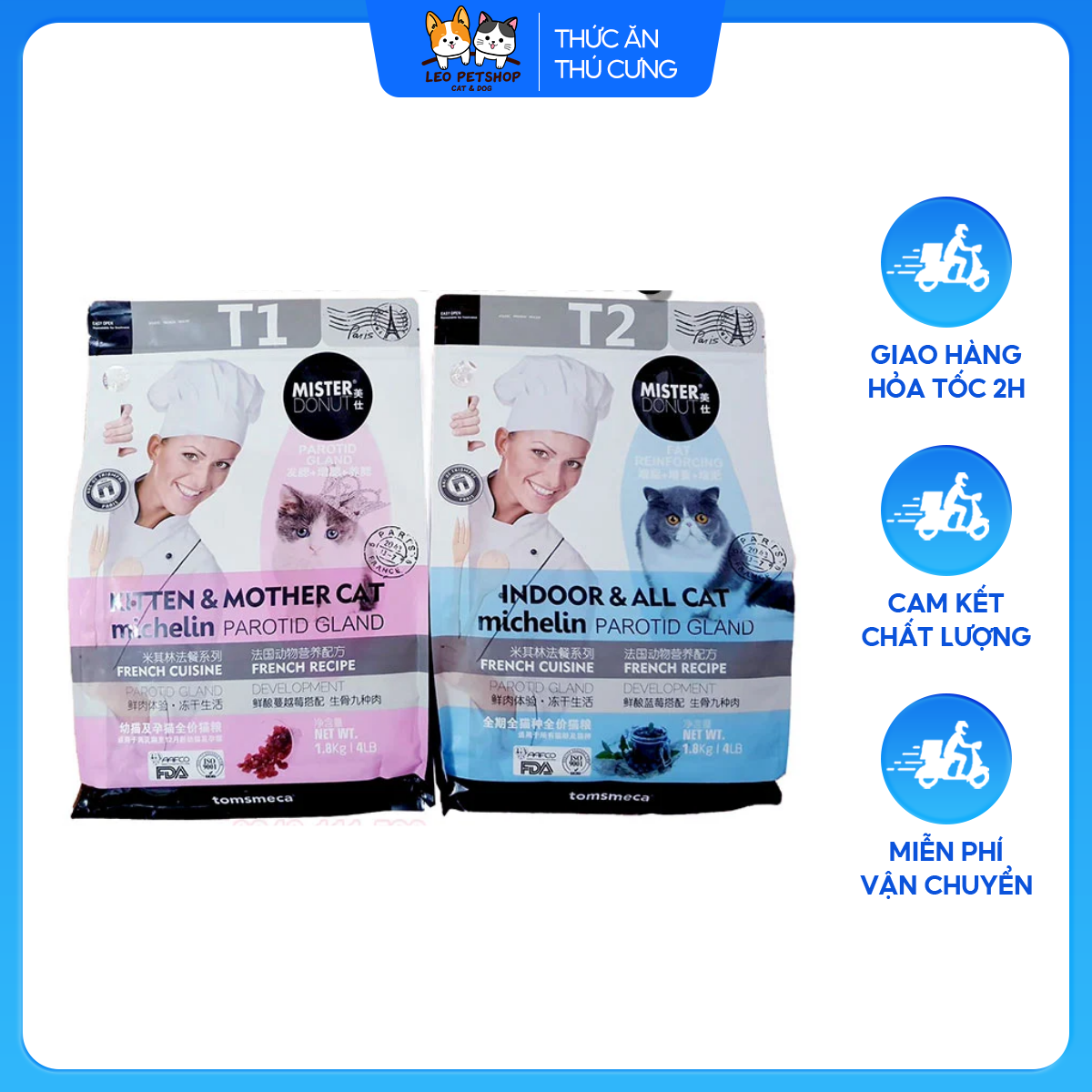 Thức ăn hạt mister donut cho mèo con & mèo trưởng thành túi 1,8kg, thức ăn cao cấp dành cho thú cưng - leo petshop
