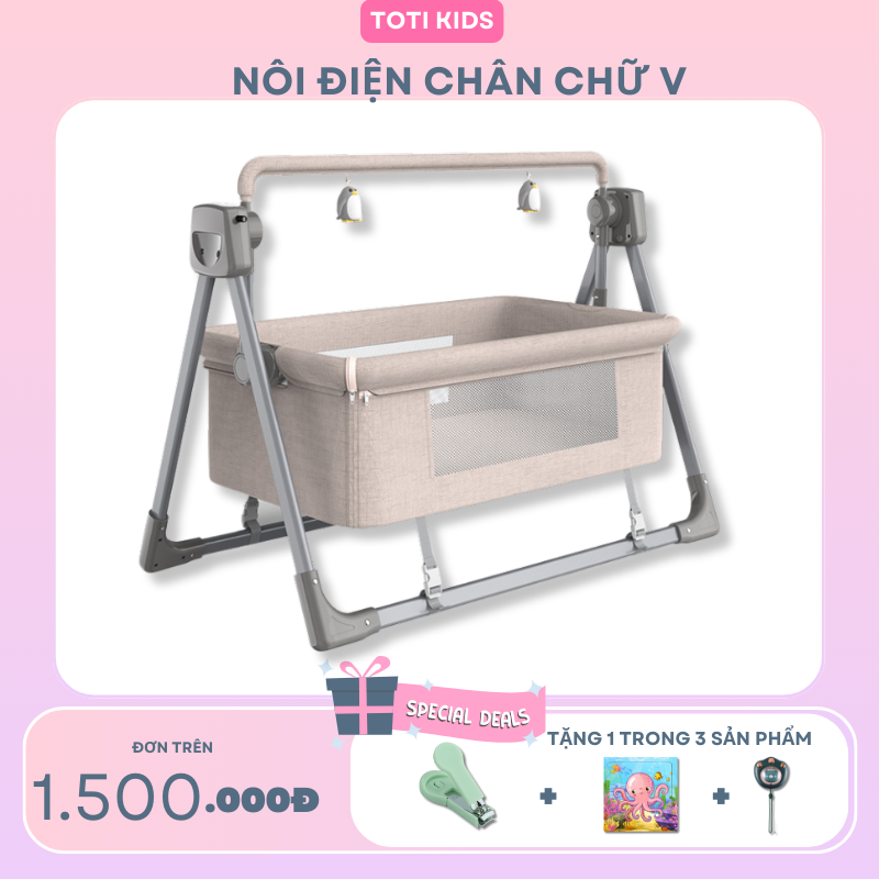 Nôi cũi điện điều khiển từ xa, nôi gấp gọn kết nối bluetooth tặng kèm màn đệm