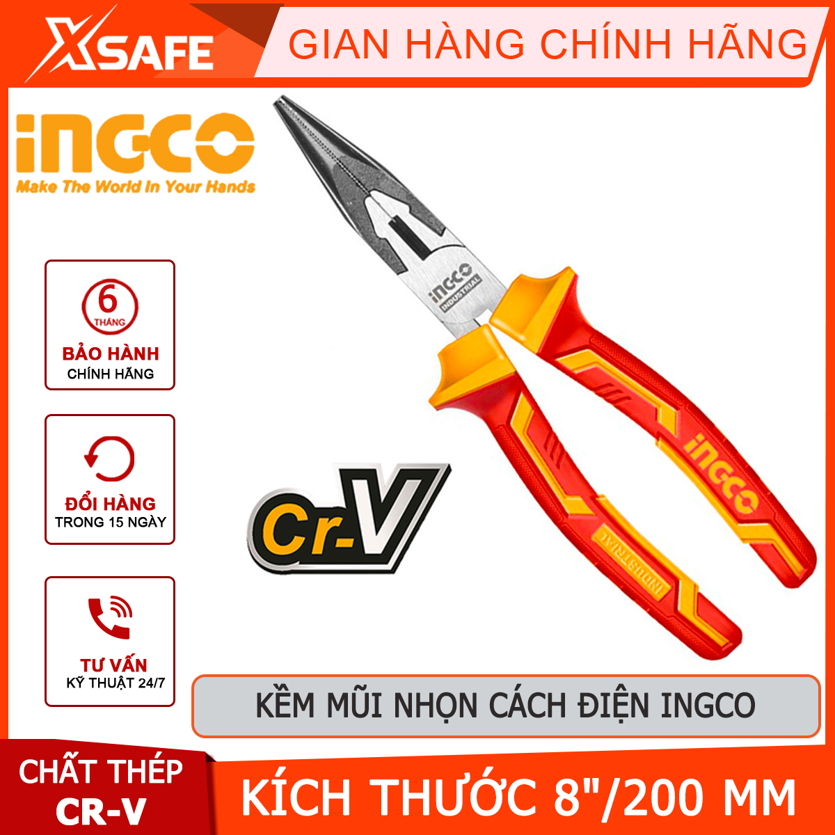 Kềm mũi nhọn cách điện ingco hilnp28208 kích thước 8"/200mm đầu kềm được đánh bóng và chống gỉ, dùng để cắt, kẹp, ghép nối