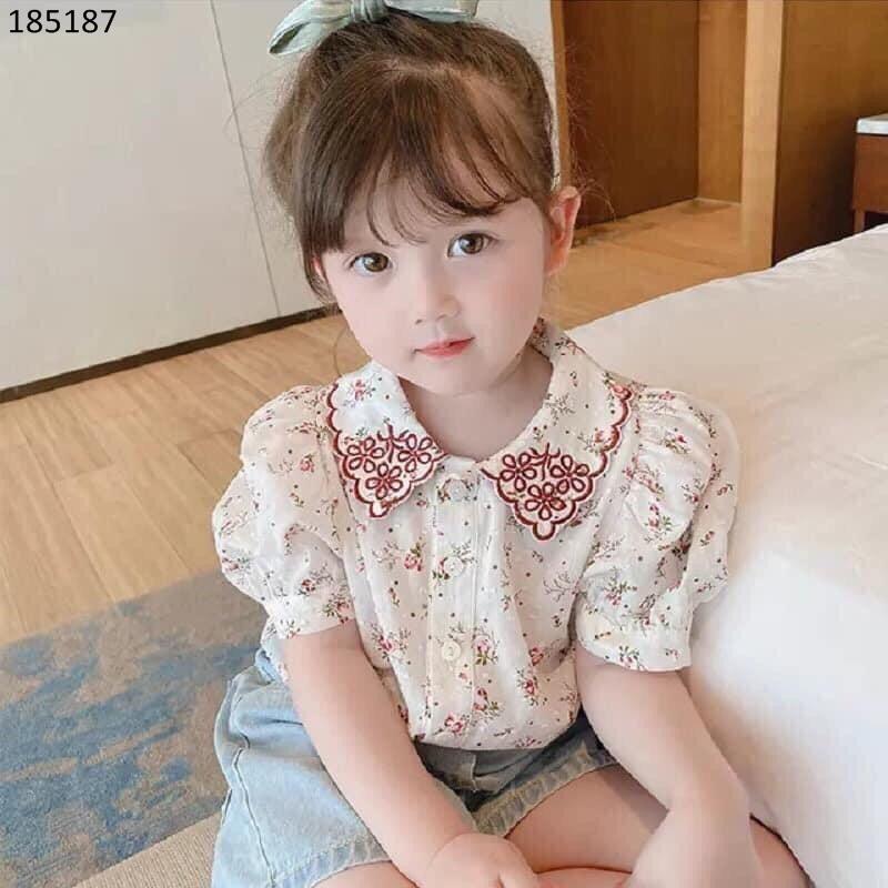 Áo sơ mi đi học cổ ren chất mềm mại thấm hút mồ hôi kiểu dáng vintage cực xinh cho bé gái