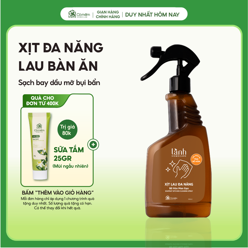 Nước Lau Bếp Lau Bàn Ăn Xịt Kính Đa Năng Bồ Hòn Men Gạo Thiên Nhiên An Lành Homecare Cỏ Mềm 500ml