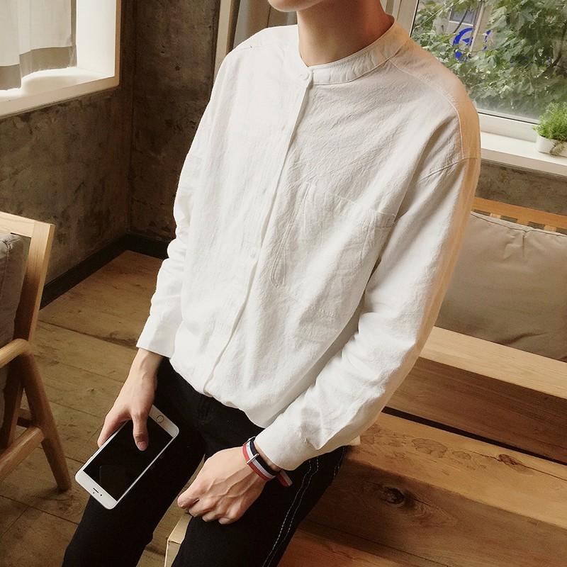 Áo Sơ Mi Nam Thô đũi Cổ Trụ Style Hàn Quốc hap1770