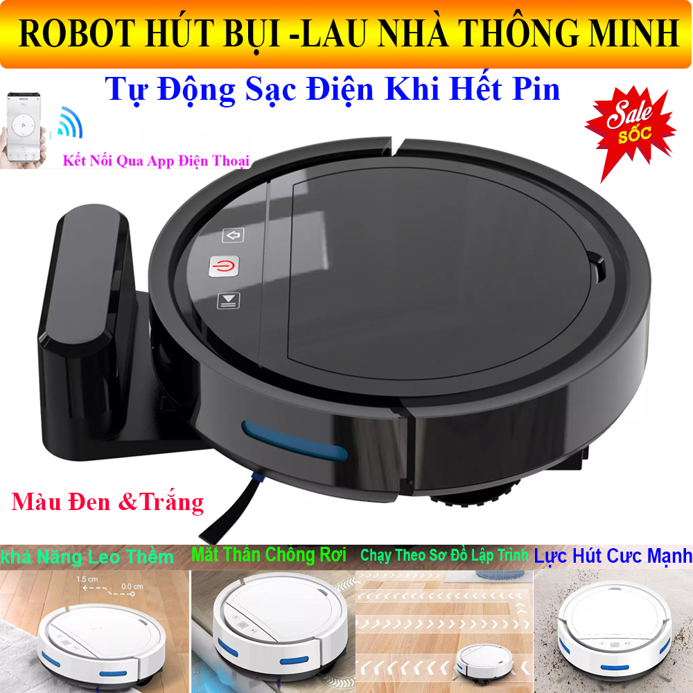 Robot Lau Nhà Hút Bụi, Robot Hút Bụi Thông Minh. Điều khiển qua APP điện thoại, lực hút Siêu Khỏe , mắt thần chống rơi, khả năng leo bậc thềm, hoạt động theo lập trình sẵn, tự động sạc khi hết pin, LỖI 1 ĐỔI 1