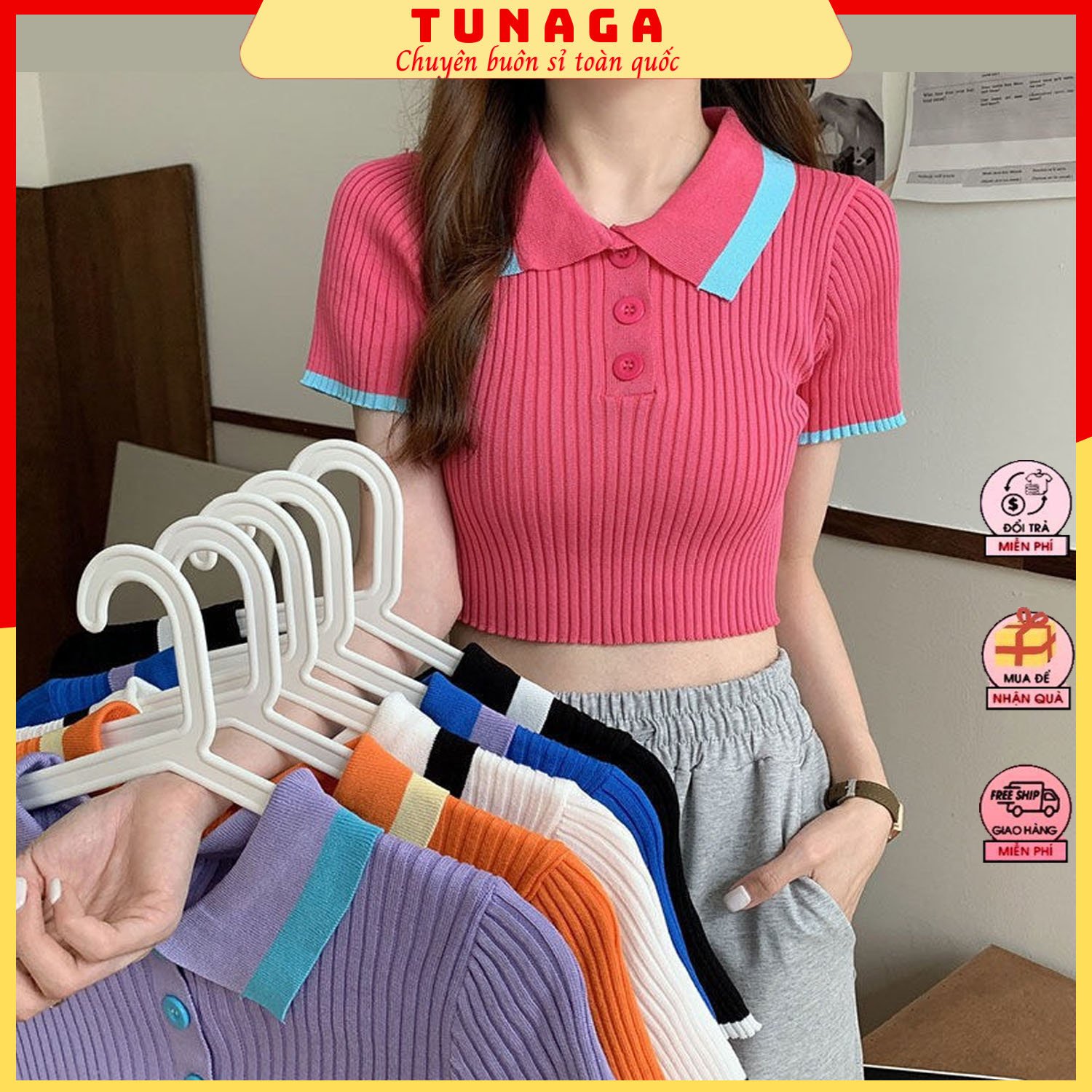 Áo crotop nữ tay cộc-áo len ôm dáng nữ cổ bẻ chất motoghi phù hợp mọi mùa