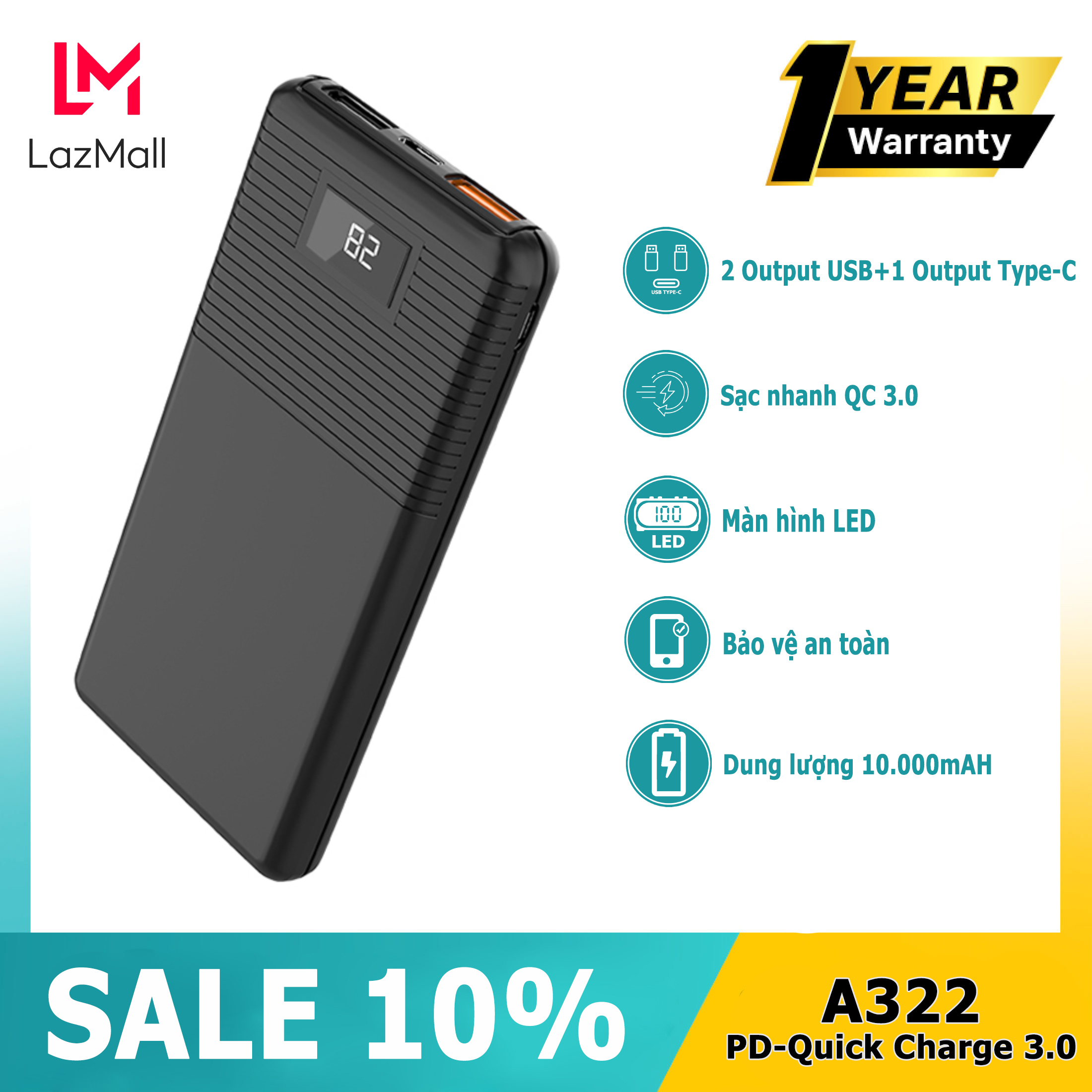 BẢO HÀNH 12 THÁNG 1 ĐỔI 1 - Sạc dự phòng mini 10.000mAH/37WH - Sạc nhanh mini cổng ra PD và Quick charge 3.0 - Pin dự phòng polymer sạc nhanh nhỏ gọn an toàn bền bỉ - Có thể mang theo lên máy bay
