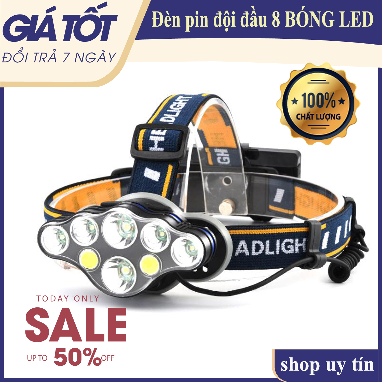 Đèn pin đội đầu 8 bóng - Đèn pin đội đầu siêu sáng - Đèn pin đội đầu- Tặng kèm pin sạc + Dây sạc